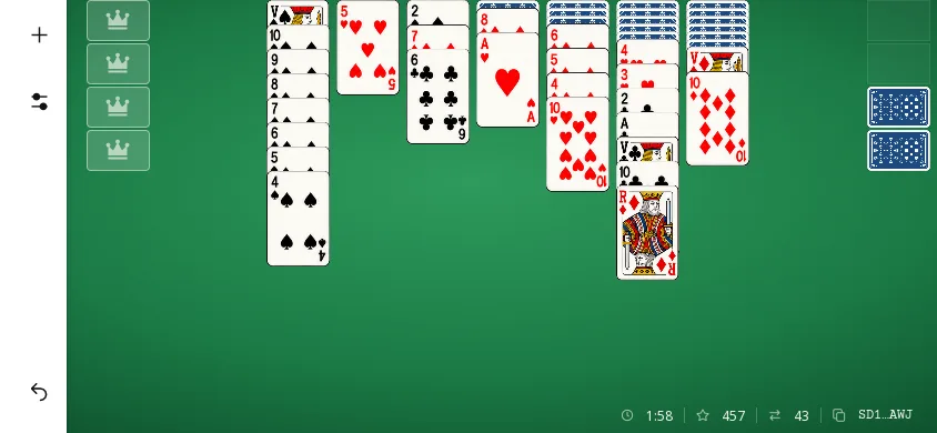 Spiderette Solitaire sur téléphone à l’horizontale, partie à 4 couleurs en cours : cartes des quatre enseignes posées par rang dans les sept colonnes, sans tenir compte de la couleur ; il reste des cartes dans la pioche.