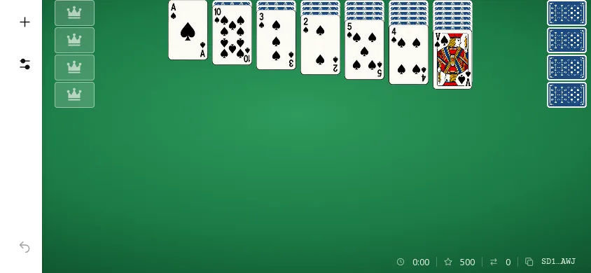 Spiderette Solitaire sur téléphone tenu à l’horizontale, début d’une partie à 1 couleur : sept colonnes de 1 à 7 cartes au dos bleu, avec un seul pique visible au bas de chacune, et la pioche de 24 cartes.